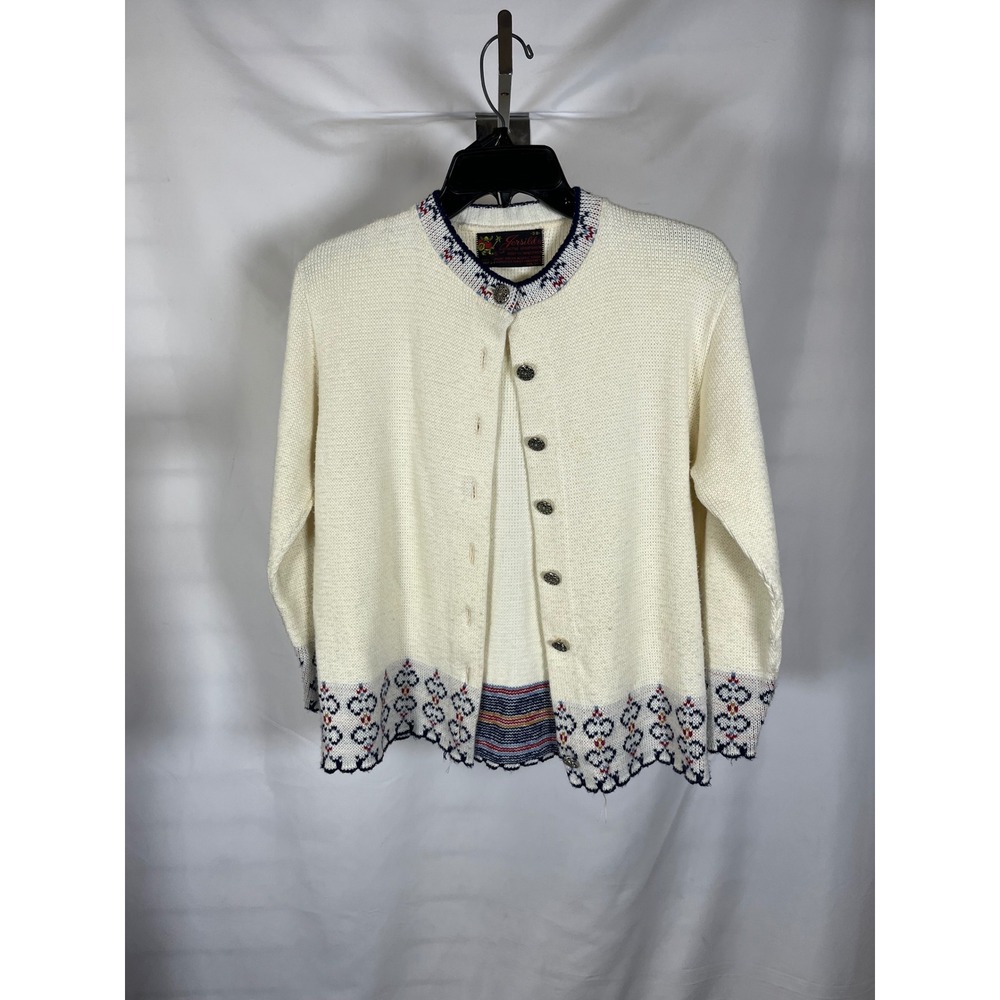 Vintage Jersild Cream Fair Isle Cardigan Orlon Acrylic Metal Button Sweater 38